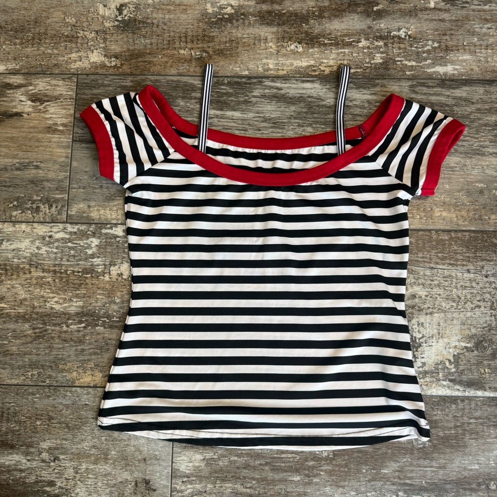 Striped Off-Shoulder Top with Red Trim - Women